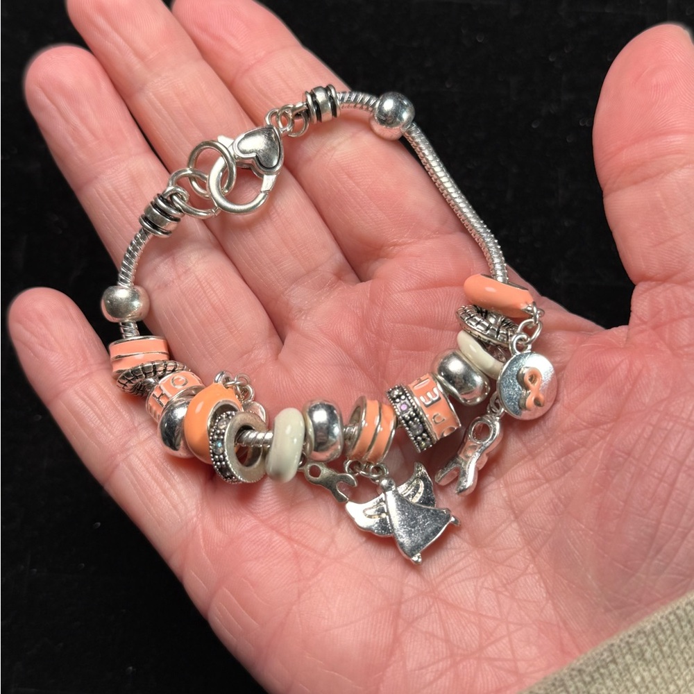Breast Cancer Awareness Charm Bracelet Silver Tone‎ and Pink Charms